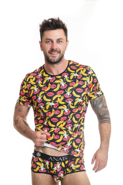 Herren Oberteil T-Shirt mit Bananen und Kussmund Print Männer Unterhemd elastisch blickdicht