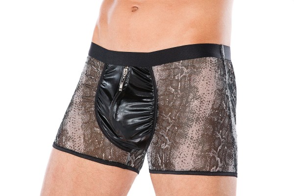Herren wetlook Boxer-Shorts grau/schwarz mit Schlangenmuster und Reißverschluss transparent