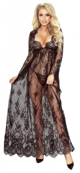 Langes Frauen Dessous Nacht Kleid Chemise transparent erotisch schwarz aus Netz und Spitze mit Strin
