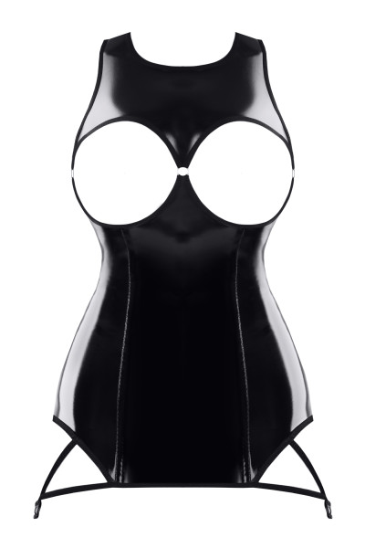 Schwarzes brustfreies Damen Dessous Lack Miniklied skinny mit Strumpfhalterclips glänzend