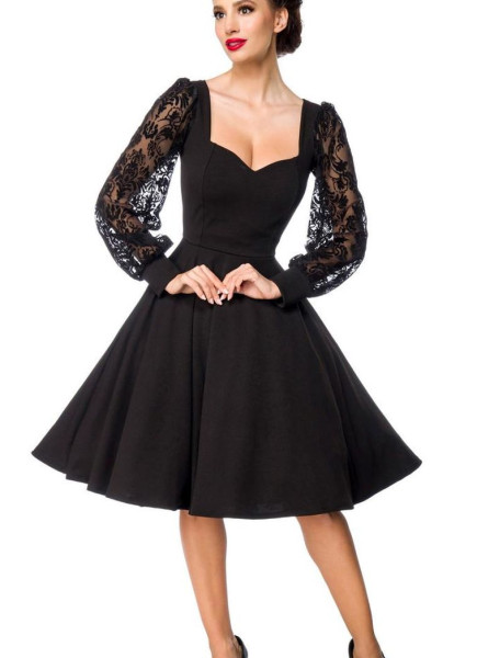 Schwarzes knielanges Swing Kleid im High Waist Schnitt mit Spitze und Herzausschnitt Vollglocke und