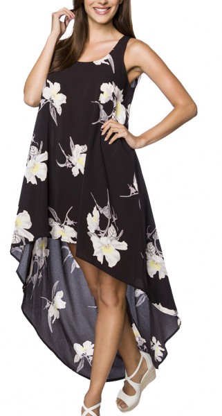 Kurzes schwarzes Sommerkleid mit Rundhalsausschnitt und Blumendruck Muster asymmetrisch geschnitten