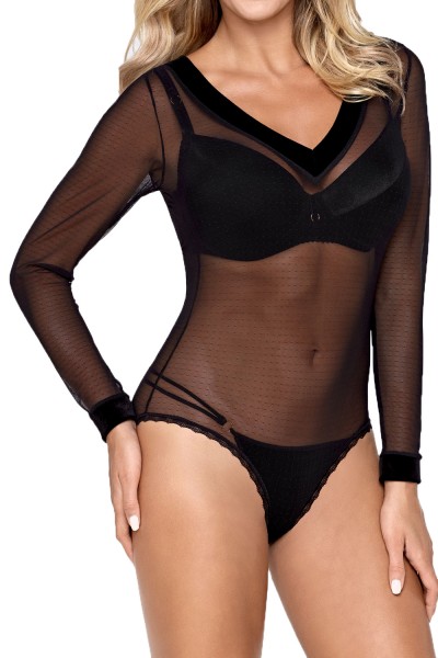 Schwarzer erotischer Damen Body aus Tüll transparent dehnbar mit langen Ärmeln