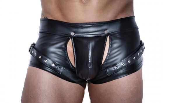 Schwarze Herren wetlook Dessous Shorts mit Harness und Druckknöpfen Männer fetisch Slip