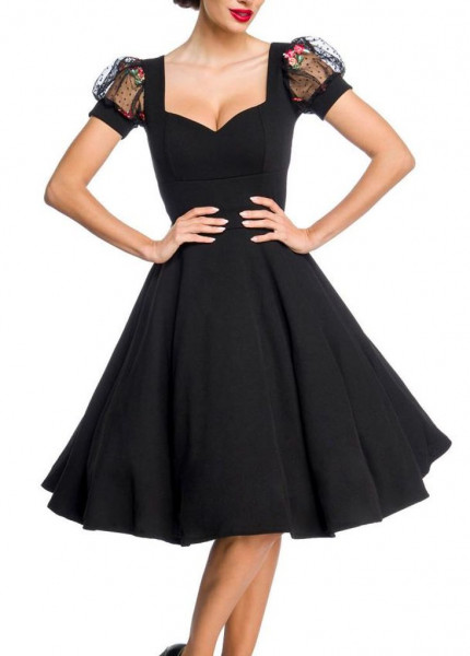 Schwarzes knielanges Schulterfreies Kleid im High Waist Schnitt mit Netz-Ärmel und Herz-Ausschnitt u