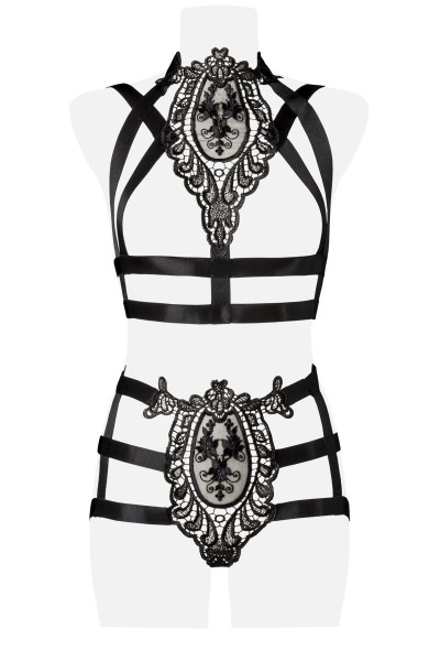 Frauen Dessous 2-teiliges Harness Set Top und Panty brustfrei aus Spitze und Gummibänder schwarz