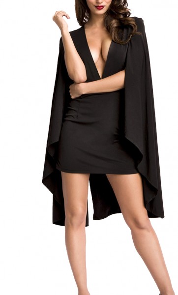 Schwarzes Damen Minikleid mit Cape, Hänge- Ärmeln und tiefem V-Ausschnitt