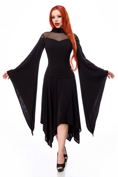 Schwarzes Gothic Kleid mit Netzeinsatz, weiten Trompetenärmeln und Reißverschluss hinten elastisch k
