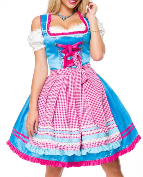 Dirndl Kleid Kostüm mit Herzausschnitt Schleife Schnürung und Schürze aus kariertem Stoff und Spitze