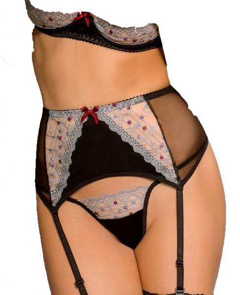 Schwarz graues glänzendes Straps Set kurz mit Stretch und Spitze Unterbrusthebe und Strapsgürtel ink