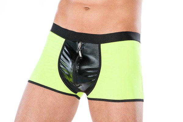 Herren Dessous Boxer-Short schwarz gelb aus wetlook Material mit Reißverschluss Männer Shorts Unterw