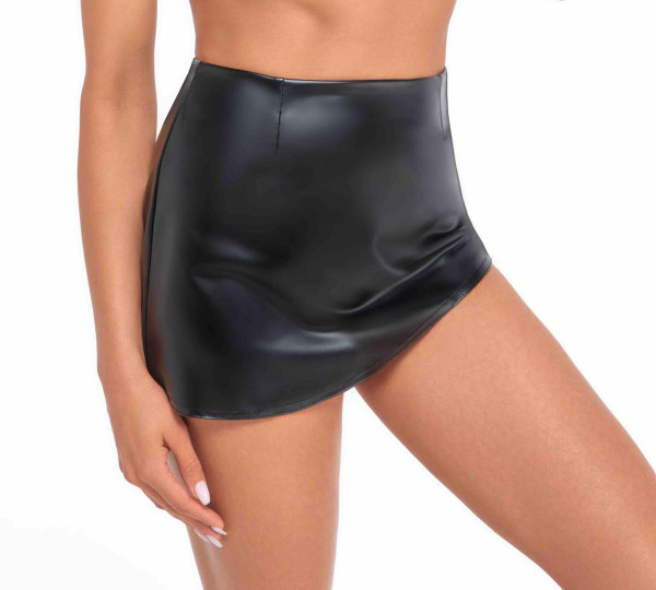 Schwarzer Wetlook Minirock elastisch asymetrisch geschnitten Damen Rock kurz skinny