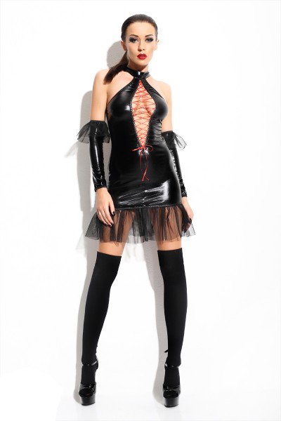 Wetlook Minikleid in schwarz dehbar mit Schnürung, String, Armstulpen und Strümpfen Dessous Kleid Se