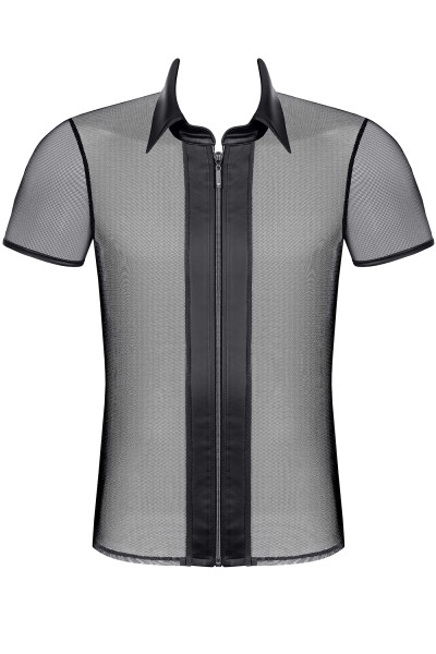 Herren Polo-Shirt transparent schwarz Hemd mit Kragen und vorderem Reißverschluss Slim-Fit
