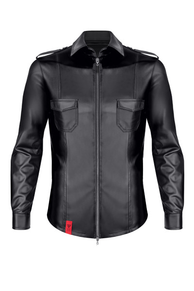 Schwarze Herren wetlook Jacke Brusttaschen mit Reißverschluss, Kragen und Kunstleder elastisch