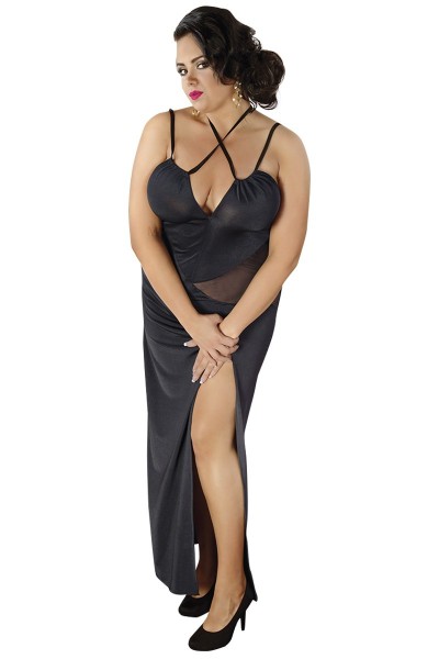 Schwarzes langes Dessous Kleid dehnbar mit Schlitz Damen Chemise Nachtkleid XXL