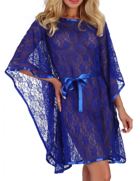 Damen Dessous Poncho Morgenmantel kurze Ärmel mit String in blau zum binden aus Satin und Spitze Kim