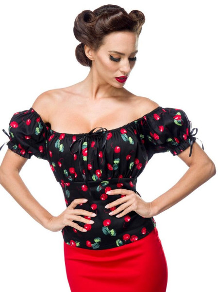 Schulterfreie Top aus Baumwolle mit kurzen Ärmeln und Carmenausschnitt Kirschenmuster Retro-Top mit