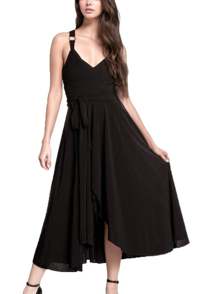 Schwarzes knielanges Swing Kleid im Kreuzträger Schnitt mit Schleife und V-ausschnitt Gothic und vor