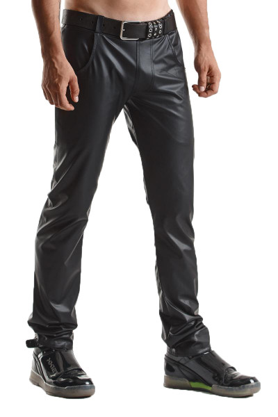 Lange Herren Hose schwarz aus elastischem Wetlook-Material matt und tief geschnittener Taille