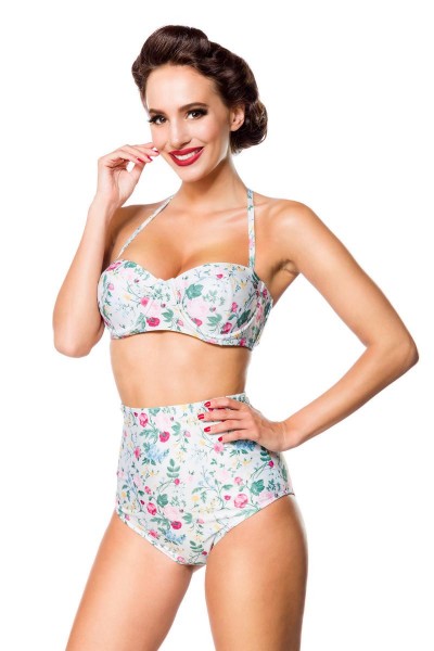 Elastischer Damen Bikini Träger Neckholder Top und Blätter Blüten Blumen Muster weiß bunt Push Up