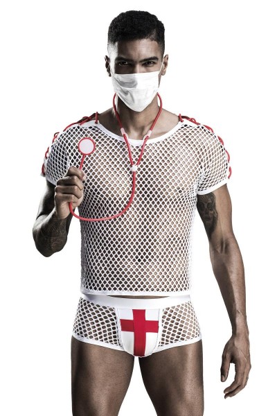 Herren sexy weißes Arzt-Kostüm mit Shorts Stethoskop Maske Zierbänder und Netzshirt Roleplay Verklei