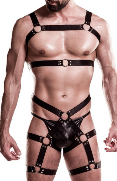 Herren sexy schwarzes Wetlook Harness-Set mit Shorts Bondage Oberteil mit Bänder Armbänder String Ro