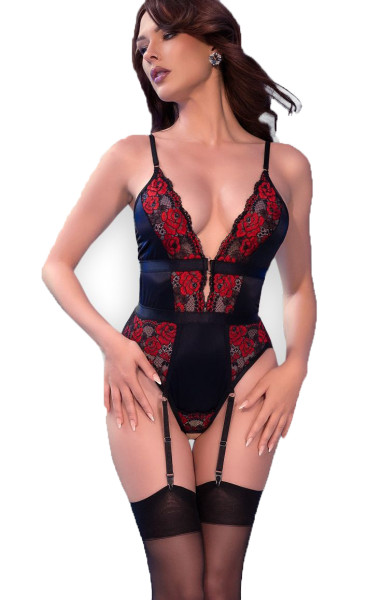Dessous Body-Set mit Spitze in rot Satinmaterial aus Strapsbody, Strumpfhaltern, ouvert und Strümpfe