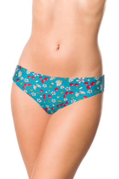 Elastisches Damen Bikiniunterteil Höschen Panty Beinausschnitt und Kirschen Blüten Bienen Muster grü