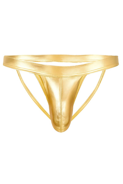 Goldener Männer String Jockstrap aus dehnbarern glänzendem Wetlook offen ouvert Bänder Herren Slip m