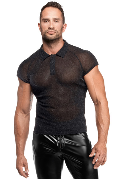 Transparentes Herren T-Shirt schwarz aus Mesh Material mit Tüll Stehkragen Männer Poloshirt kurzarm
