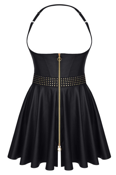 Schwarzes Dessous Neckholder Minikleid brustfrei aus wetlook Material mit Reißverschluss elastisch