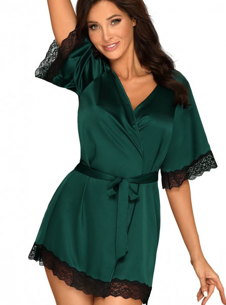 Damen Dessous Robe Morgenmantel in grün mit Spitzen Ärmel, Satinband und Satin blickdicht elastisch