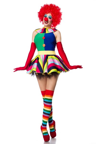 Damen Clown Outfit Kostüm Verkleidung mit Kleid, Perücke, Nase, Strümpfe und Handschuhe in bunt