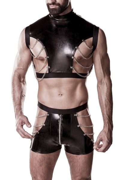 2-teilges Herren fetisch Set schwarz aus Top mit Stehkragen und Shorts mit Cutouts und Ketten