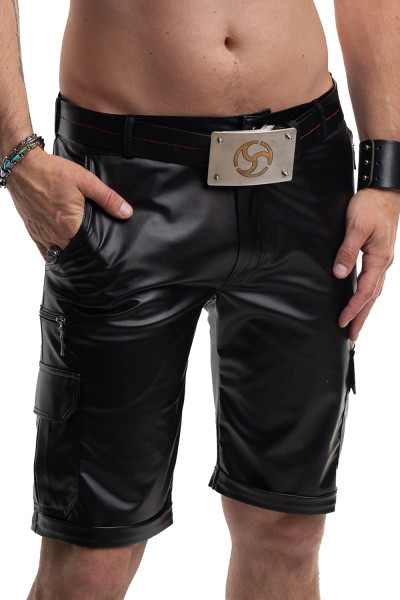 Herren Cargo Shorts schwarz kurze Hose mit Reißverschlüssen und Taschen aus wetlook Material Low-Wai