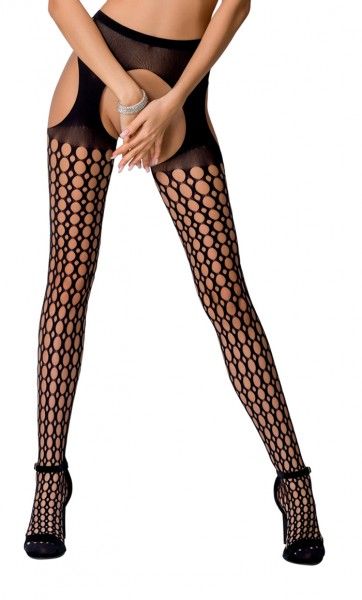 Damen Dessous Strumpfhose im Straps Look aus Strapsgürtel und Stockings elastisch transparent ouvert