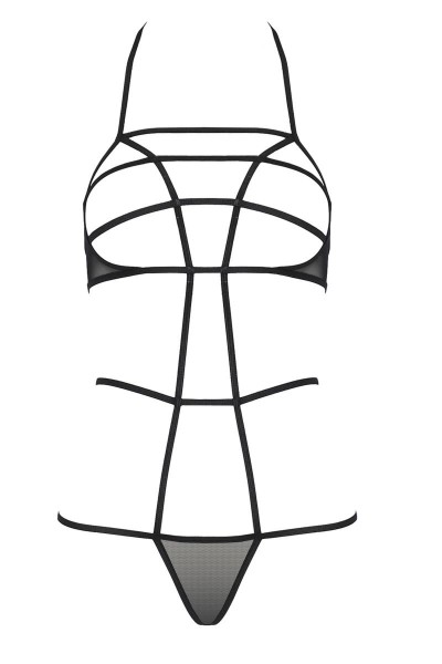 Knapper offener Damen Dessous String Body in schwarz aus Netzmaterial und Gummi Bänder offen Neckhol