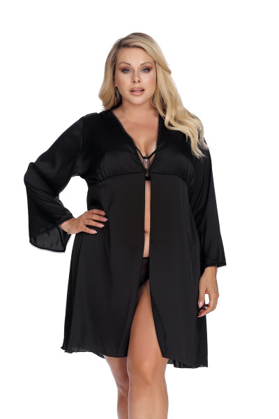 Schwarzer Plus Size Morgenrock Plus Size Morgenmantel aus Satin Material knielang blickdicht Peignoi