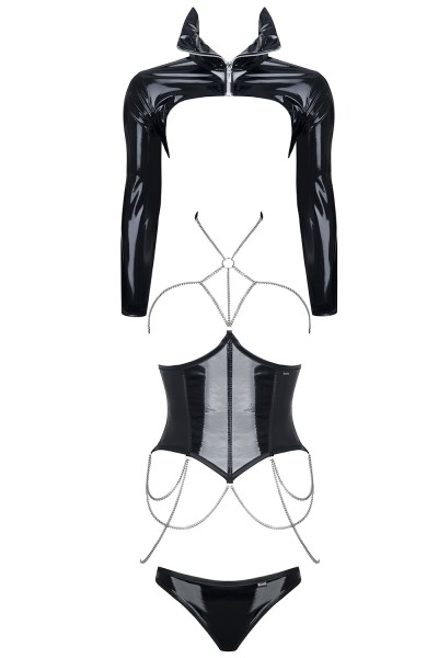 Frauen wetlook Dessous fetisch Set schwarz aus Korsette, Jacke und Panty brustfrei erotisch mit Meta
