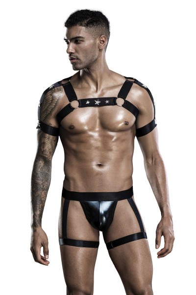 Herren sexy schwarzes Wetlook Harness-Kostüm mit Shorts Bondage Oberteil mit Bänder Roleplay Verklei