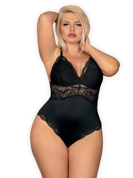 Frauen Dessous Teddy Body in schwarz mit Bügel Cups und Spitze transparent erotisch aus Stretch elas