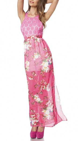 Maxikleid luftig Damen Sommerkleid in bunt mit Muster Rosen-Design aus Spitze hochgeschlitzt Kleid