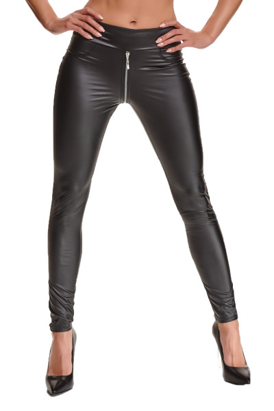 Schwarze Damen Leggings Hose aus wetlook Material elastisch mit durchgehendem Reißverschluss und Ges