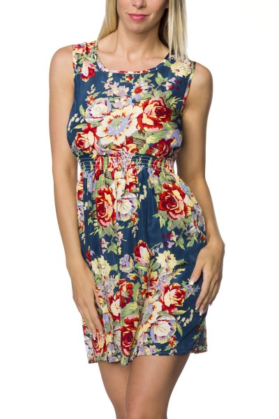 Sommerkleid bunt gemustert knielang Kleid mit Rundhalsausschnitt und Gummibund luftig leicht-Copy