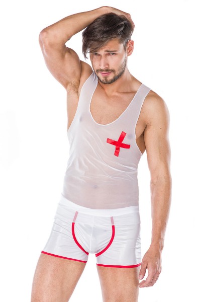 Männer wetlook Dessous Doktor Arzt Set aus Hemd und Boxer-Shorts weiß rot transparent