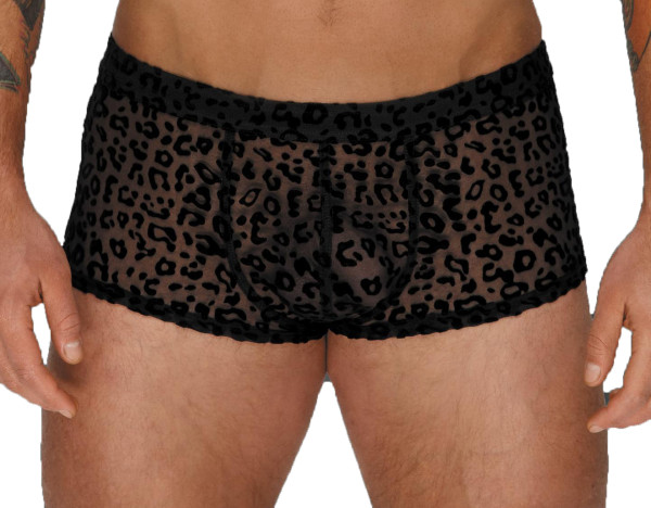 Herren Dessous Leopard Flock Shorts transparent Männer Slip mit Leo Muster elastisch
