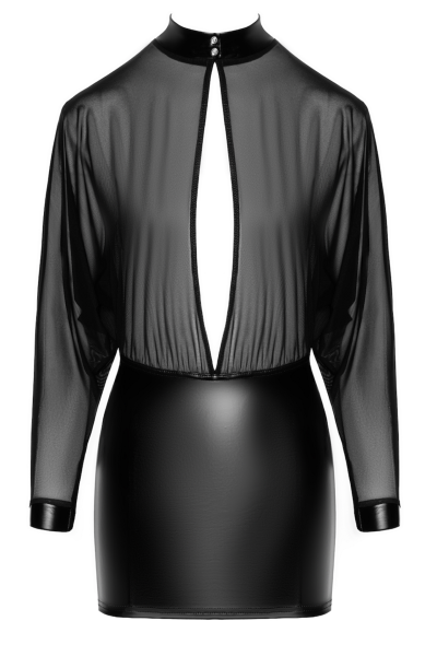 Schwarzes Damen Dessous Tüll-Minikleid aus Wetlook Rock und Netz Oberteil teiltransparent langarm ge