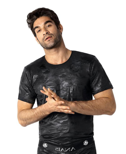 Schwarzes Herren T-Shirt aus blickdichtem Stoff mit schwarzen camouflage Print Männer Shirt