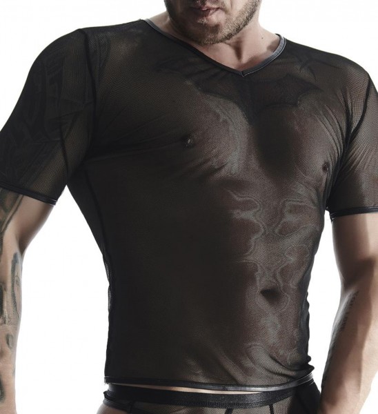 Herren T-Shirt schwarz kurzarm aus wetlook Material Hemd dehnbar transparent Gogo fetisch Männer Shi